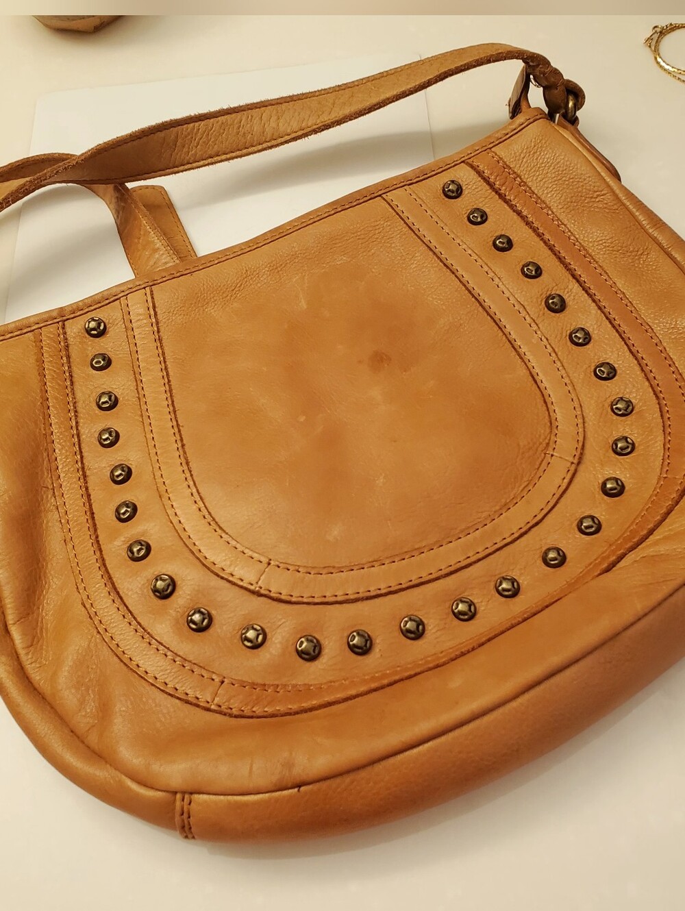 Vilenca Holland Tan Leather Stud-Accent Crossbody Bag, Clean And Soft